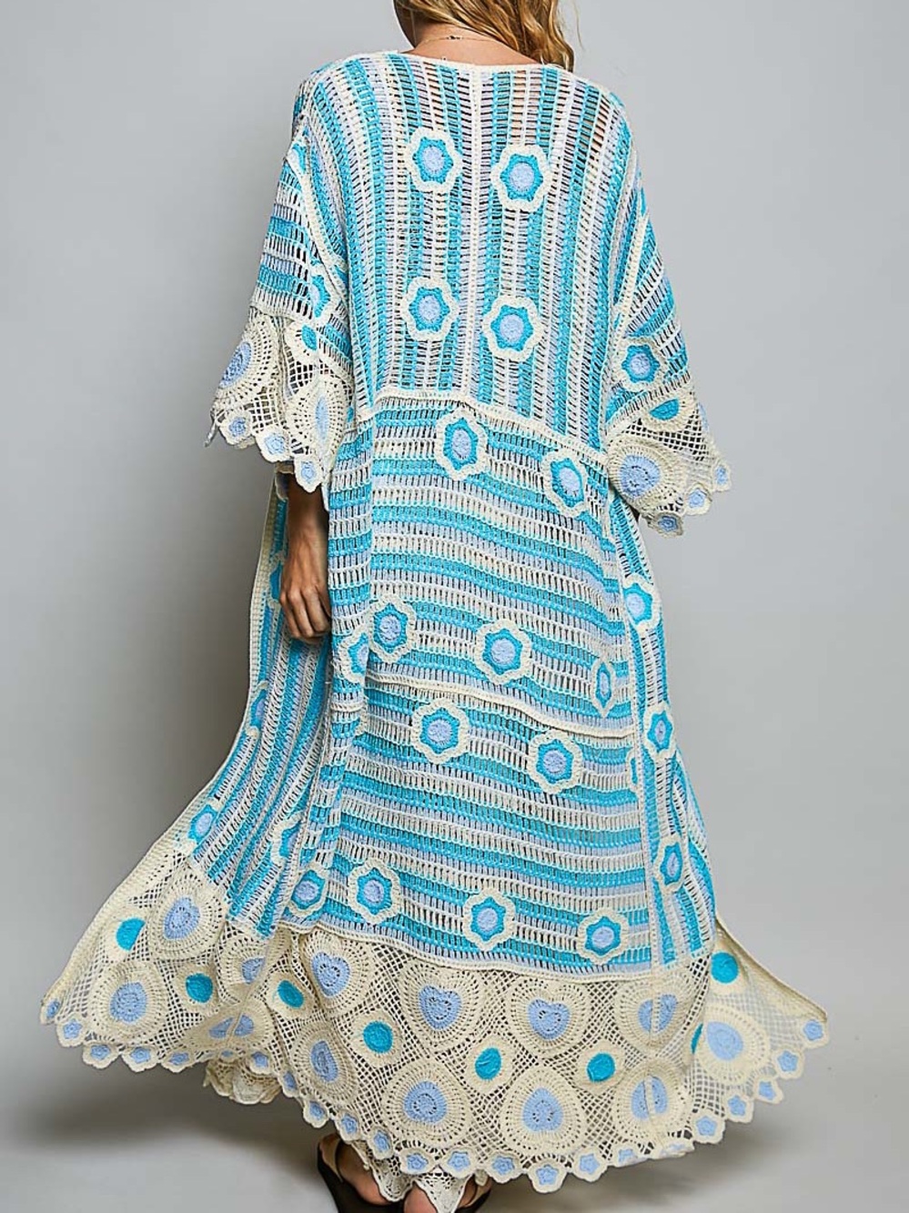 NWT POL Bohemian Sky Blue Crochet Long Duster Cardigan One Size